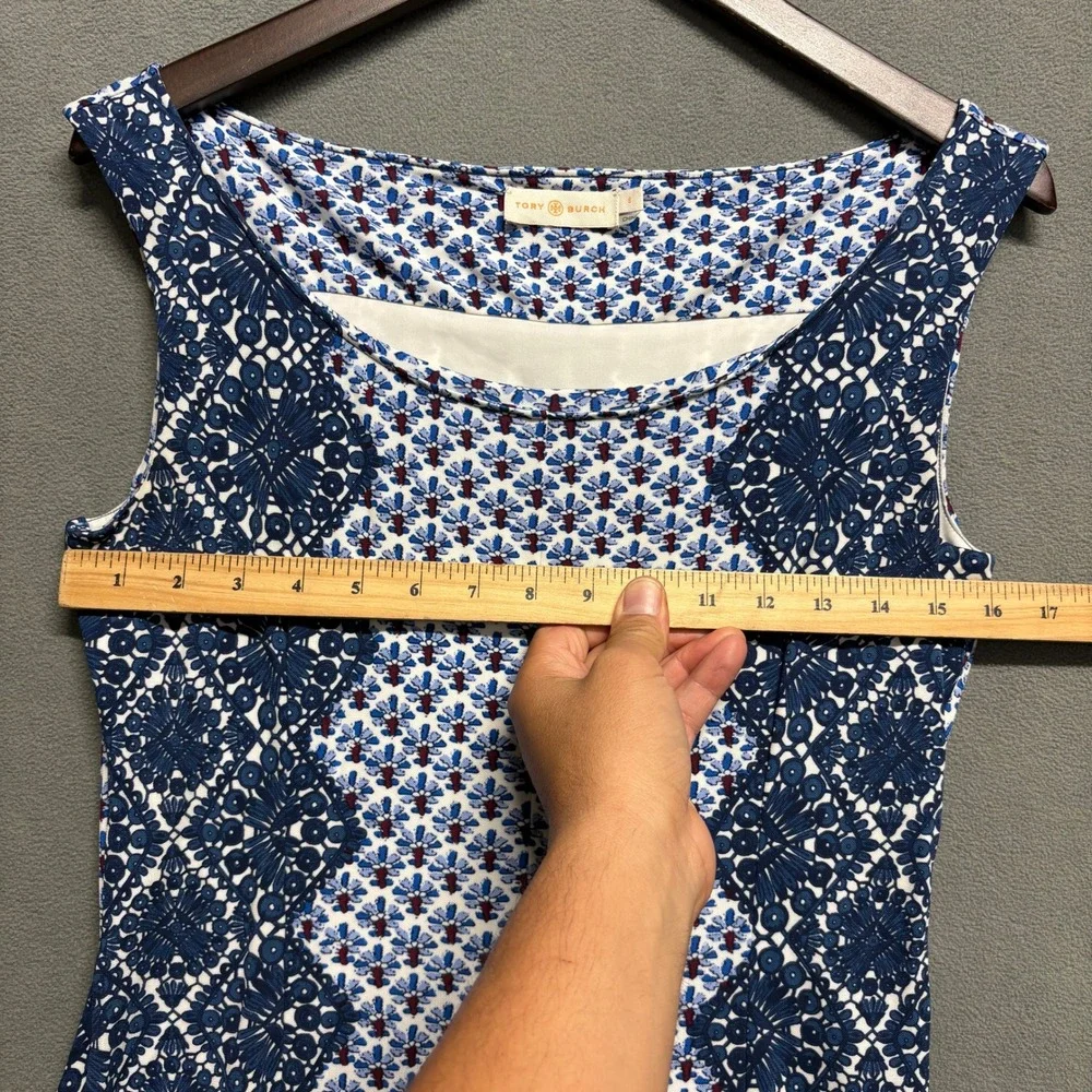 Tory Burch Sheath Dress Womens Small Blue Geometric Floral Print Sleeveless EXCL